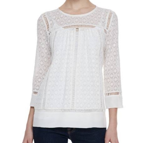 Rebecca Taylor Geo Clip Brocade Top Scoop Neck Shirt Blouse White Sz 4 - Picture 1 of 9